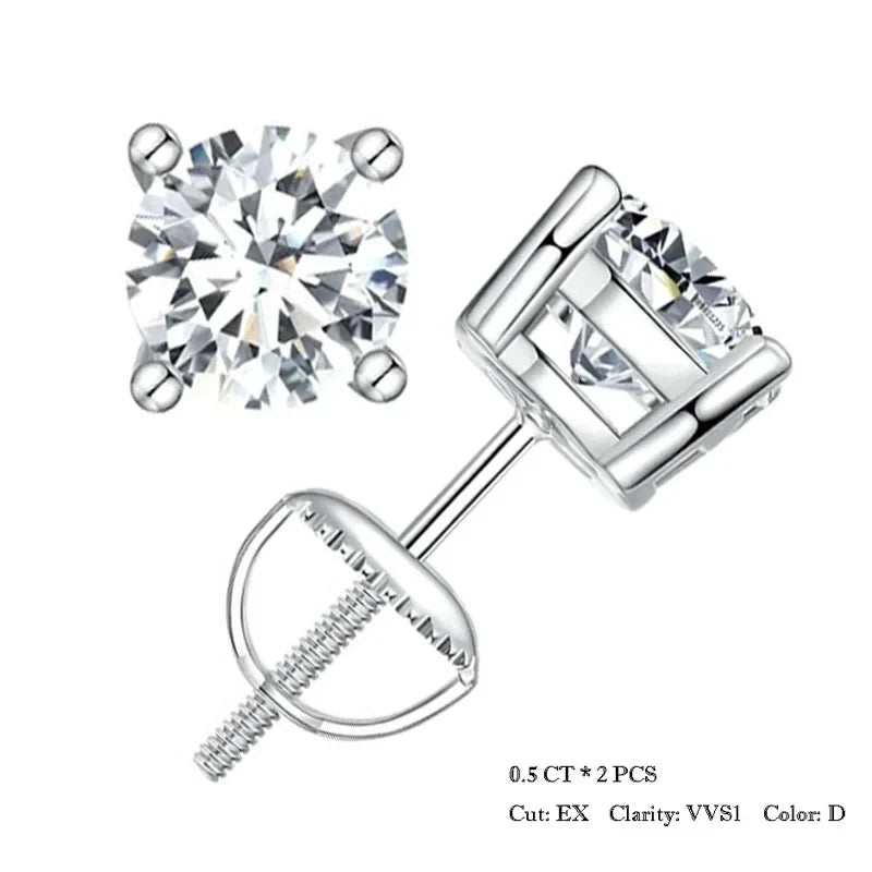 Round & Square Moissanite Screw-Back Stud Earrings in Silver