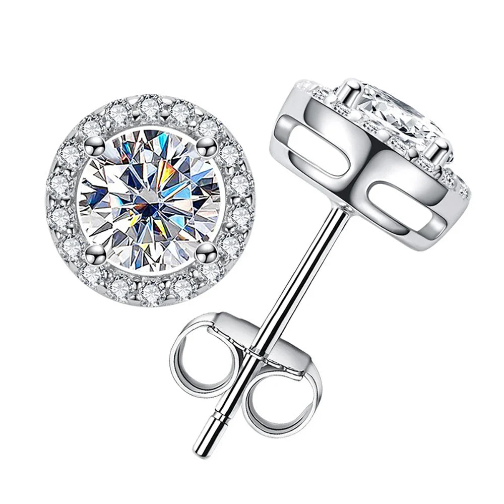 Colored Round Halo Moissanite Stud Earrings in Silver