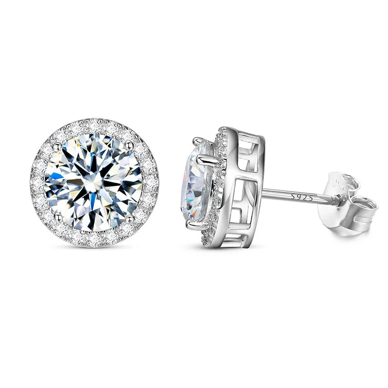 Colored Round Halo Moissanite Stud Earrings in Silver