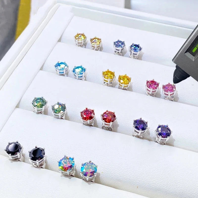 Colored Six-Prong Moissanite Basket Stud Earrings in Silver