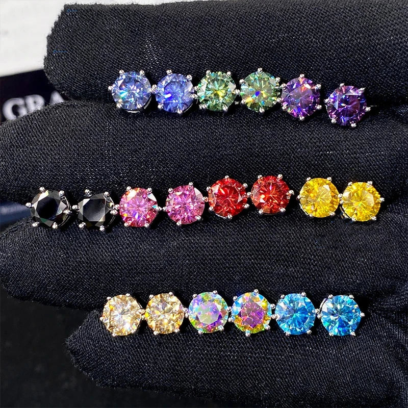 Colored Six-Prong Moissanite Basket Stud Earrings in Silver