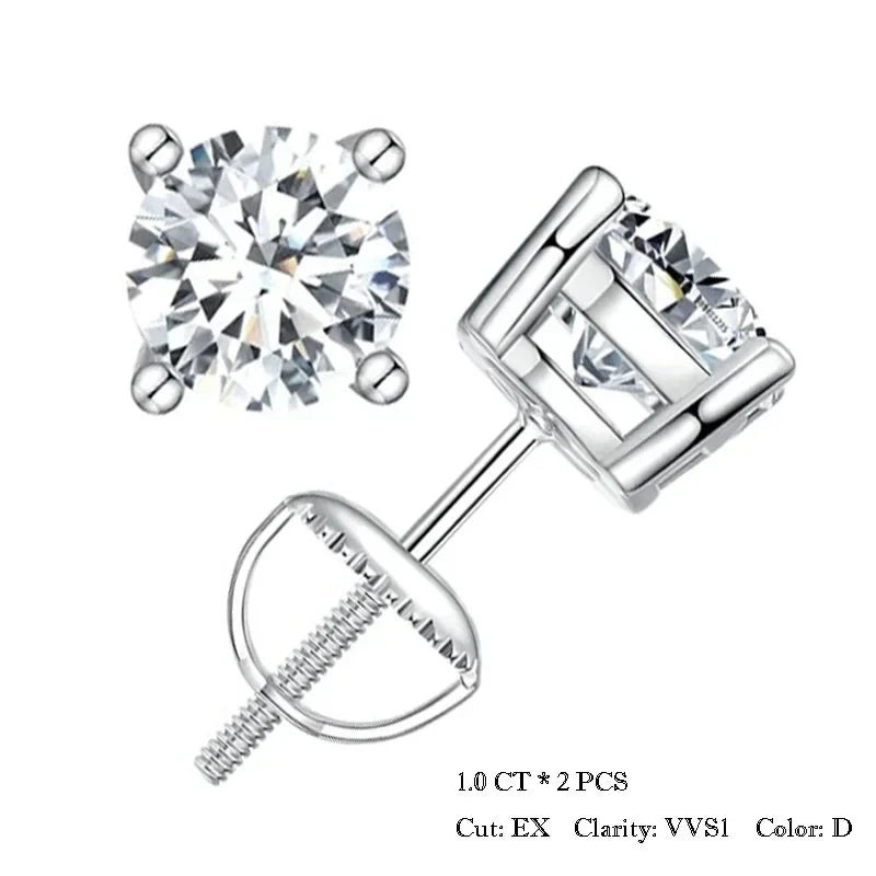 Round & Square Moissanite Screw-Back Stud Earrings in Silver