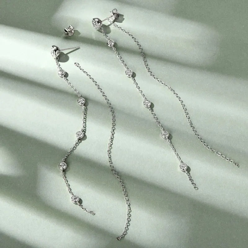 Long Moissanite Station Chain Earrings in Sterling Silver