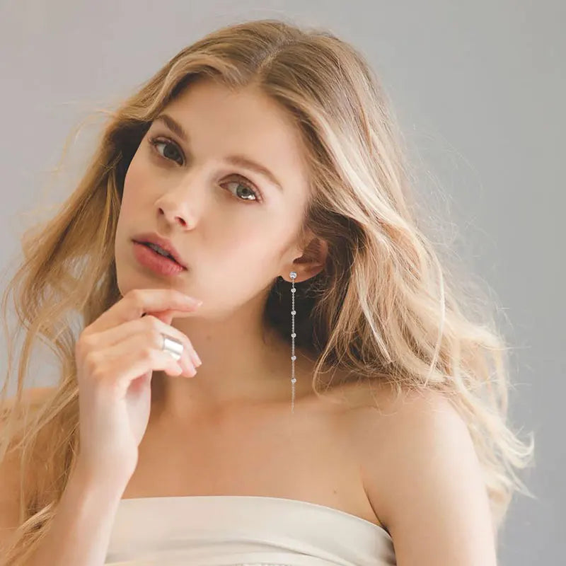 Long Moissanite Station Chain Earrings in Sterling Silver