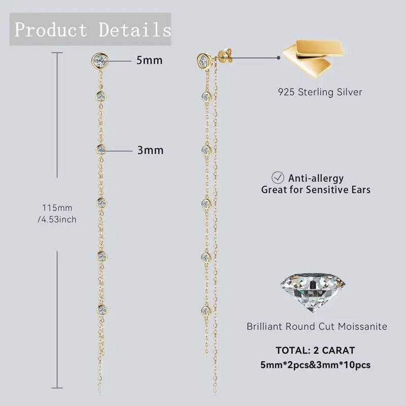 Long Moissanite Station Chain Earrings in Sterling Silver
