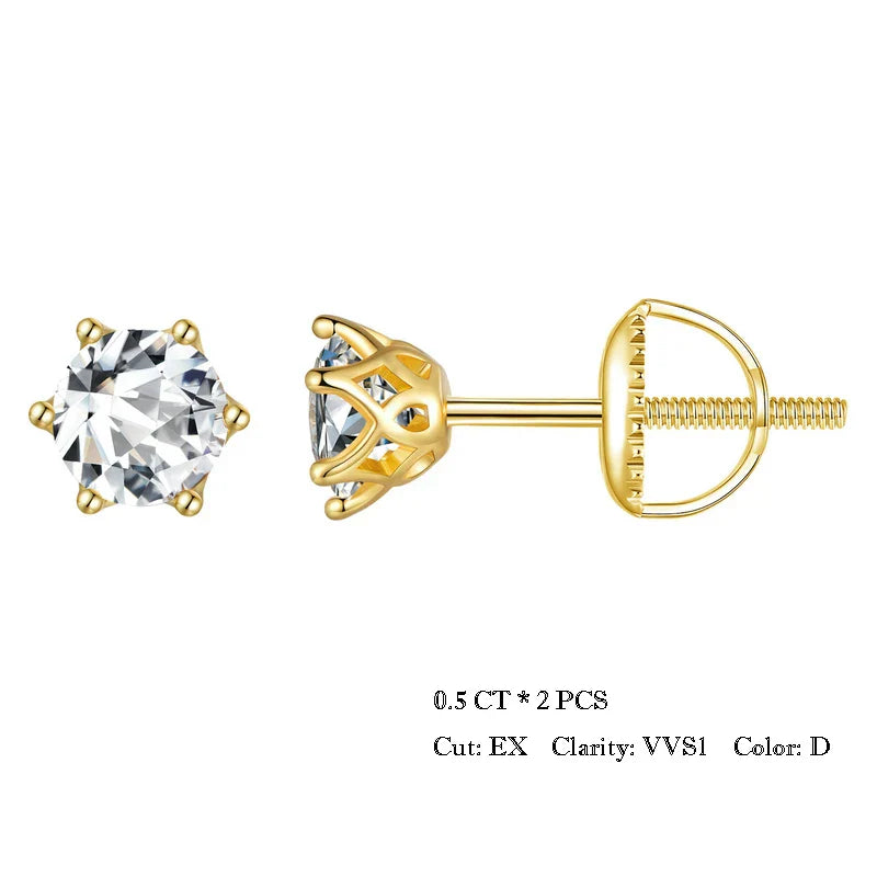 Moissanite Stud Earrings S925 Sterling Silver 6-Prong Round D Color 18K Bridal