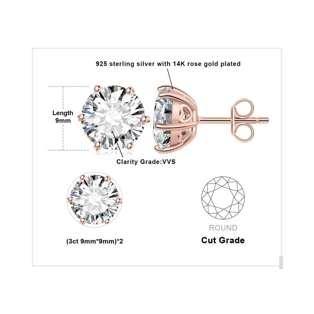 Round Moissanite Solitaire Stud Earrings in Three Metal Finishes