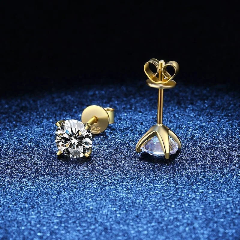 Gold-Tone Moissanite Solitaire Stud Earrings in Silver