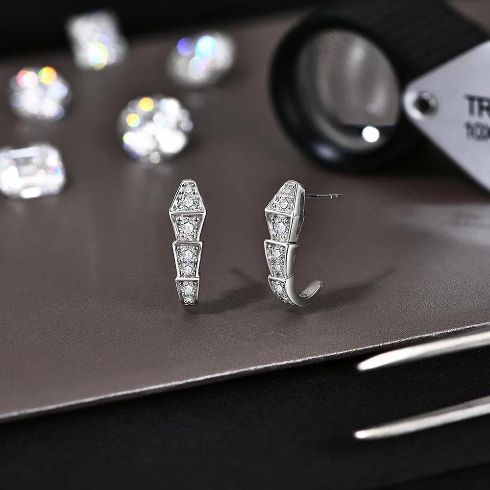 Moissanite Geometric J-Hoop Earrings in Sterling Silver