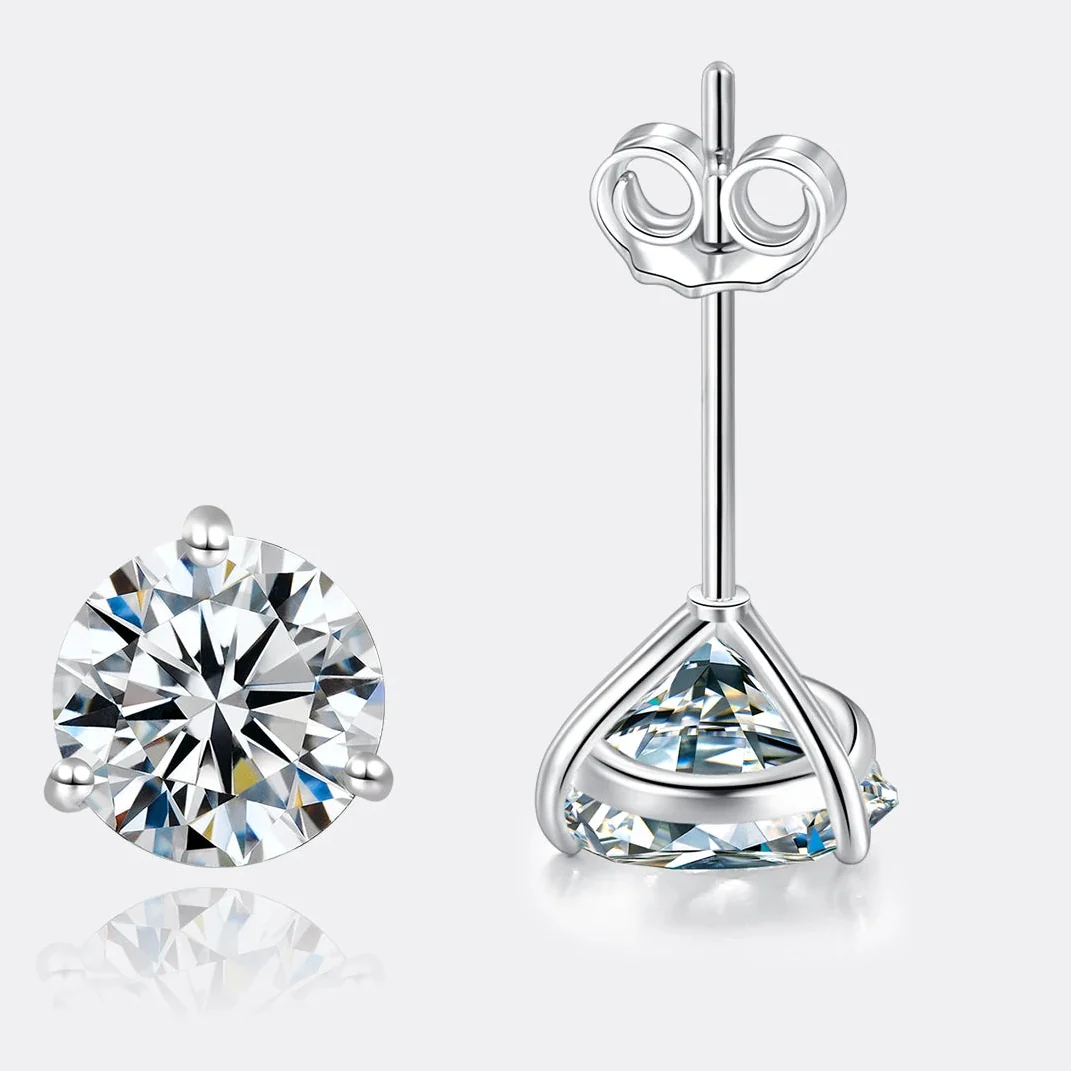 Three-Prong Round Moissanite Stud Earrings in Silver