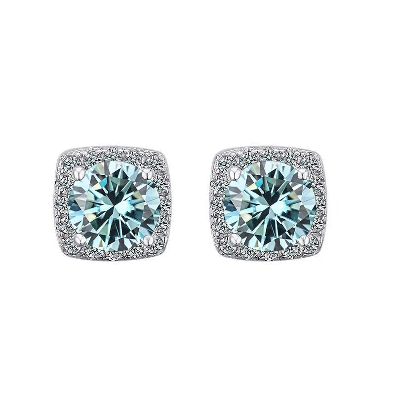 Colored Cushion Halo Moissanite Stud Earrings, 1 ct Each