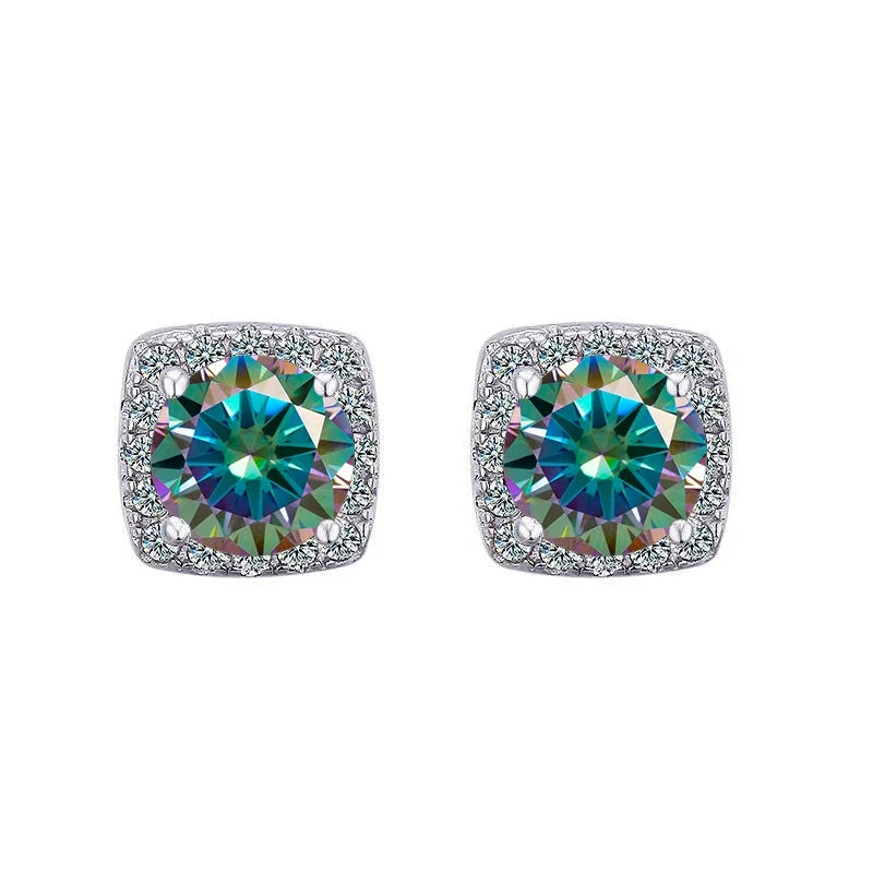 Colored Cushion Halo Moissanite Stud Earrings, 1 ct Each