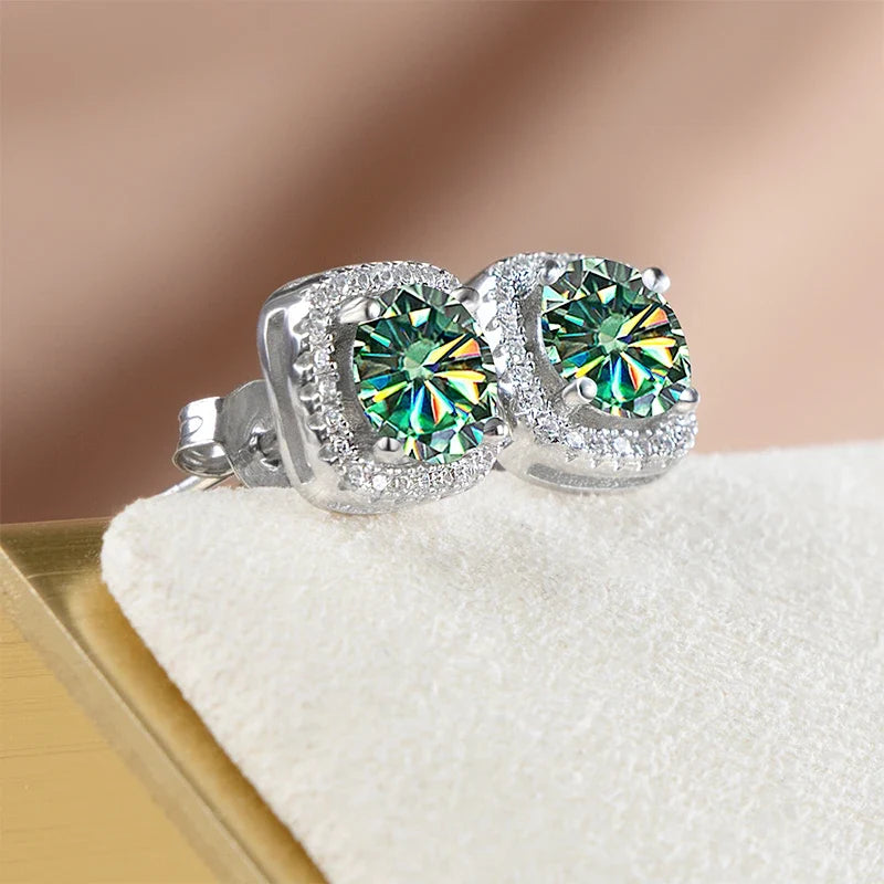 Colored Cushion Halo Moissanite Stud Earrings, 1 ct Each