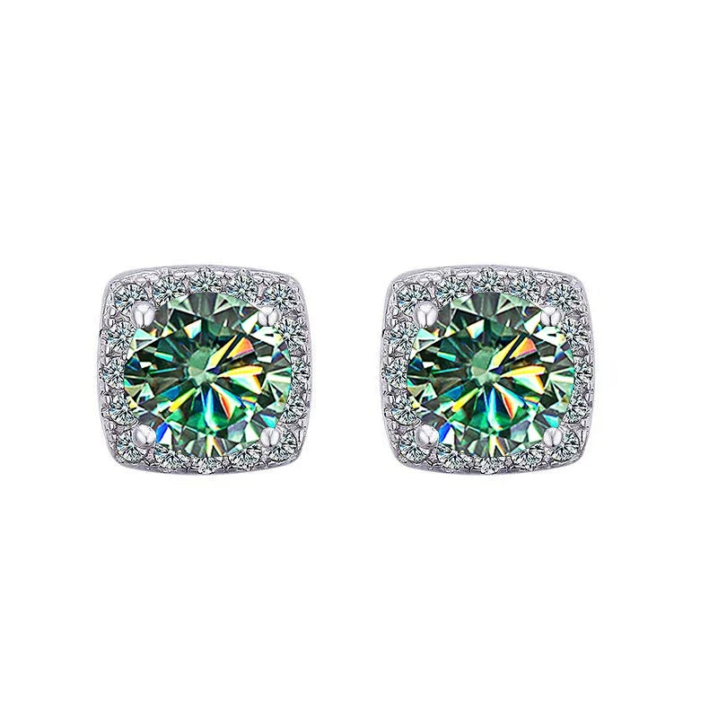Colored Cushion Halo Moissanite Stud Earrings, 1 ct Each