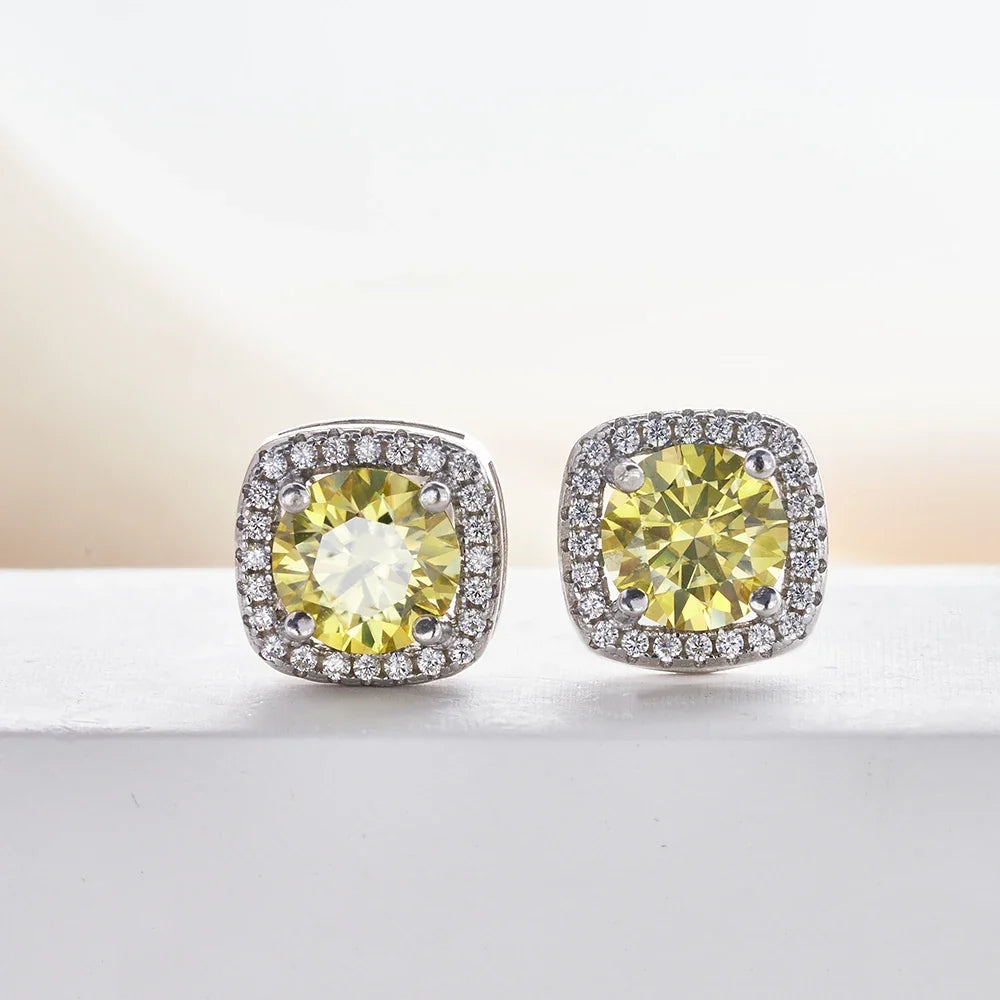 Colored Cushion Halo Moissanite Stud Earrings, 1 ct Each