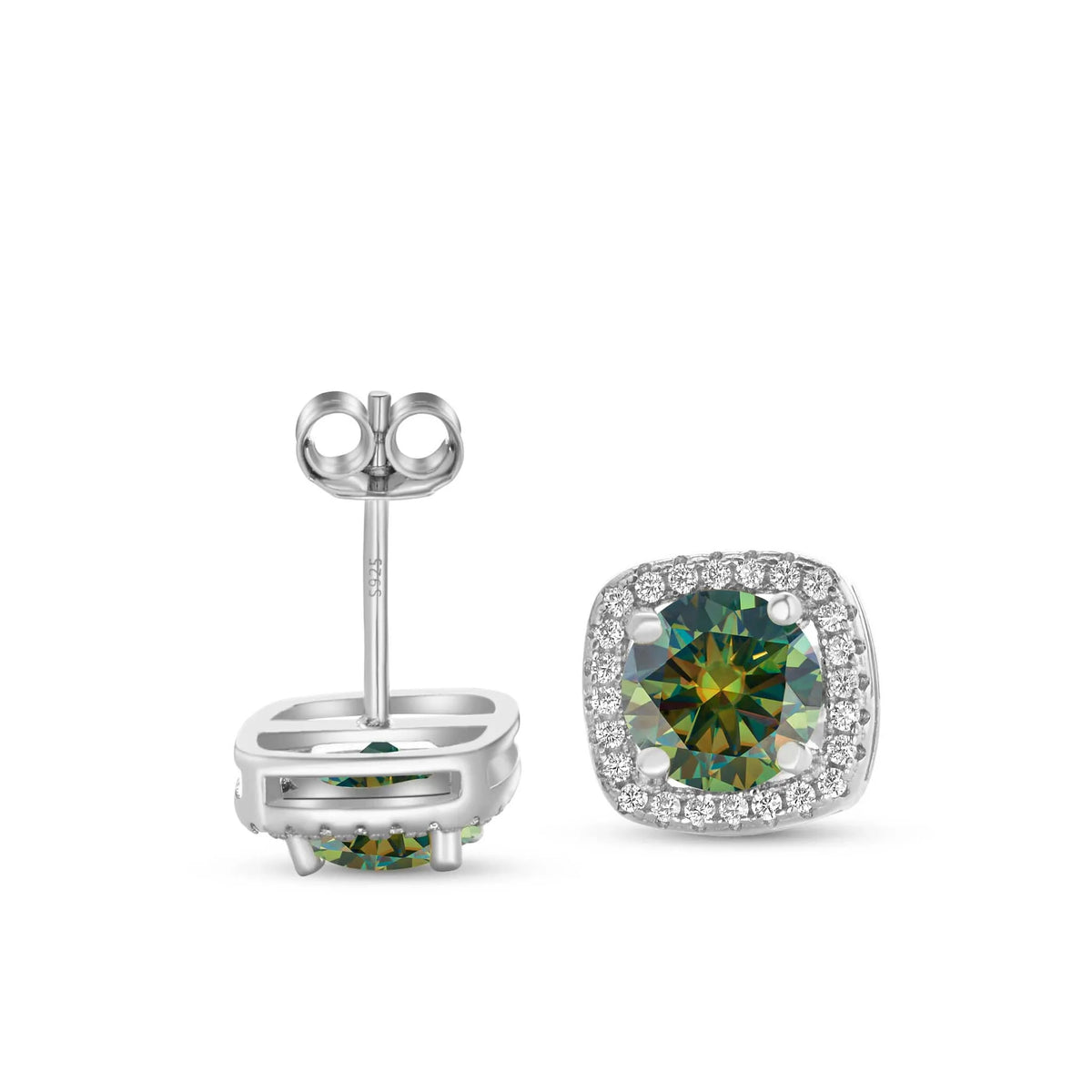 Colored Moissanite Cushion Halo Stud Earrings in Silver