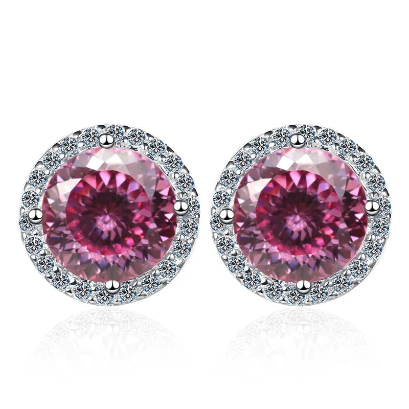 Colored Round Halo Moissanite Stud Earrings in Silver