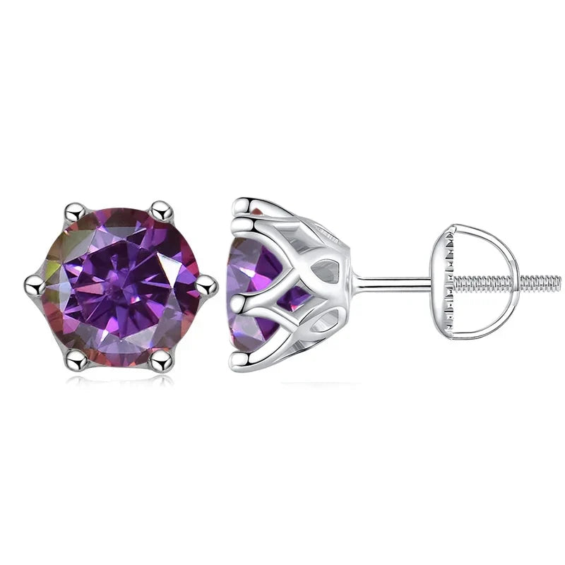 Colored Six-Prong Moissanite Screw-Back Stud Earrings