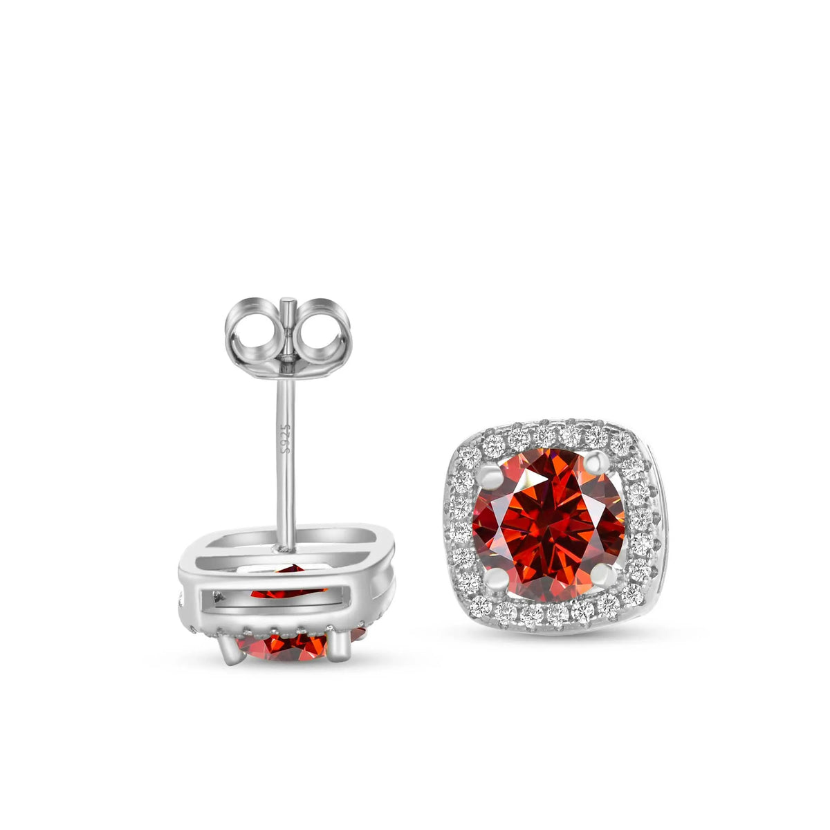 Colored Moissanite Cushion Halo Stud Earrings in Silver