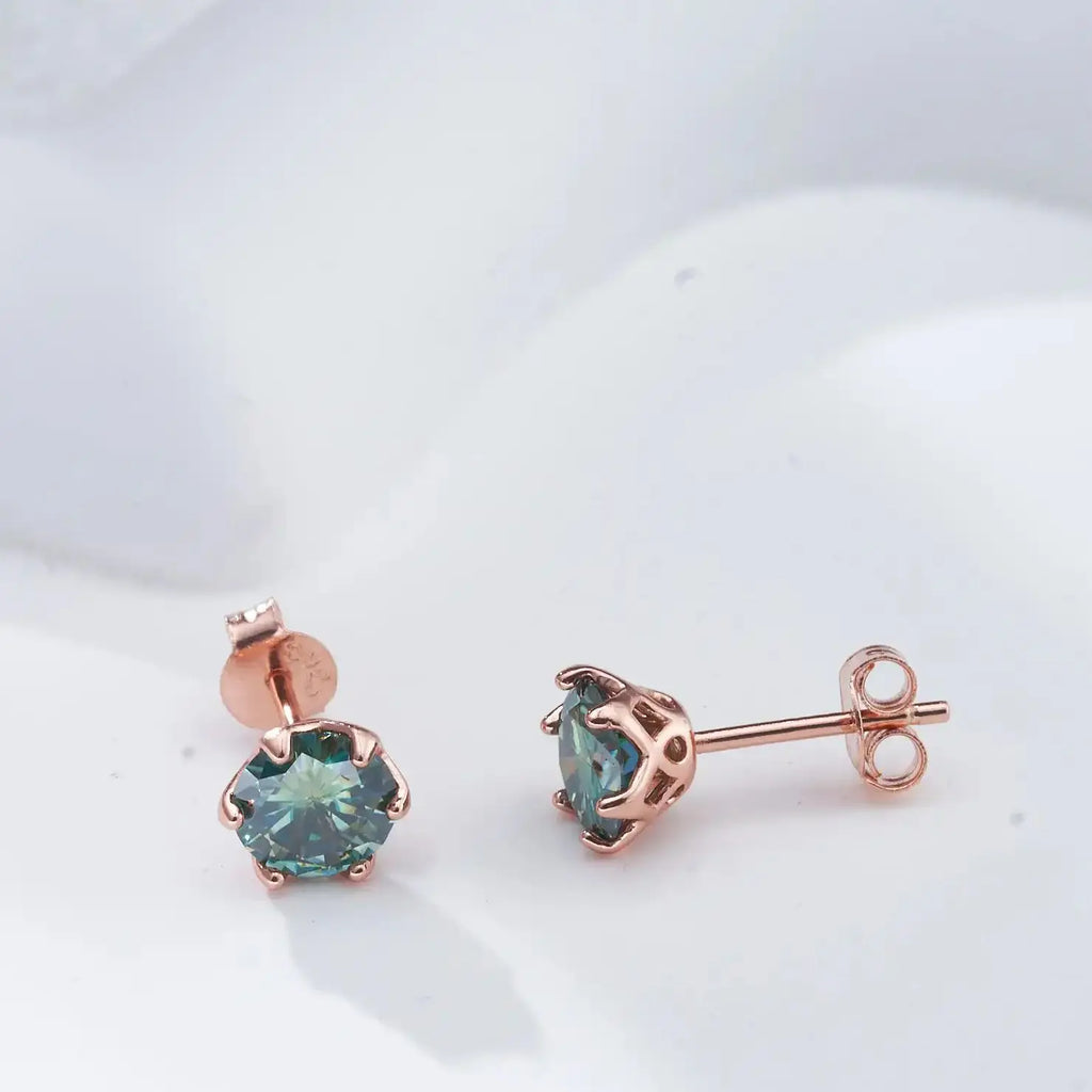 Colorful Moissanite Stud Earrings in Sterling Silver, Rose Gold-Tone Finish
