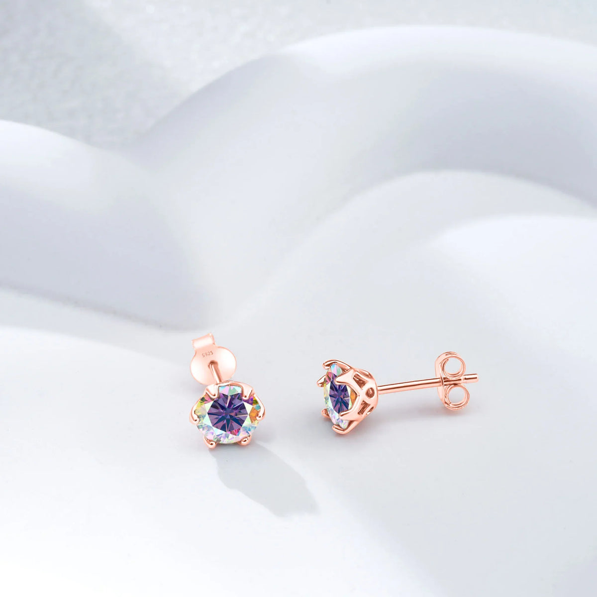 Colorful Moissanite Stud Earrings in Sterling Silver, Rose Gold-Tone Finish