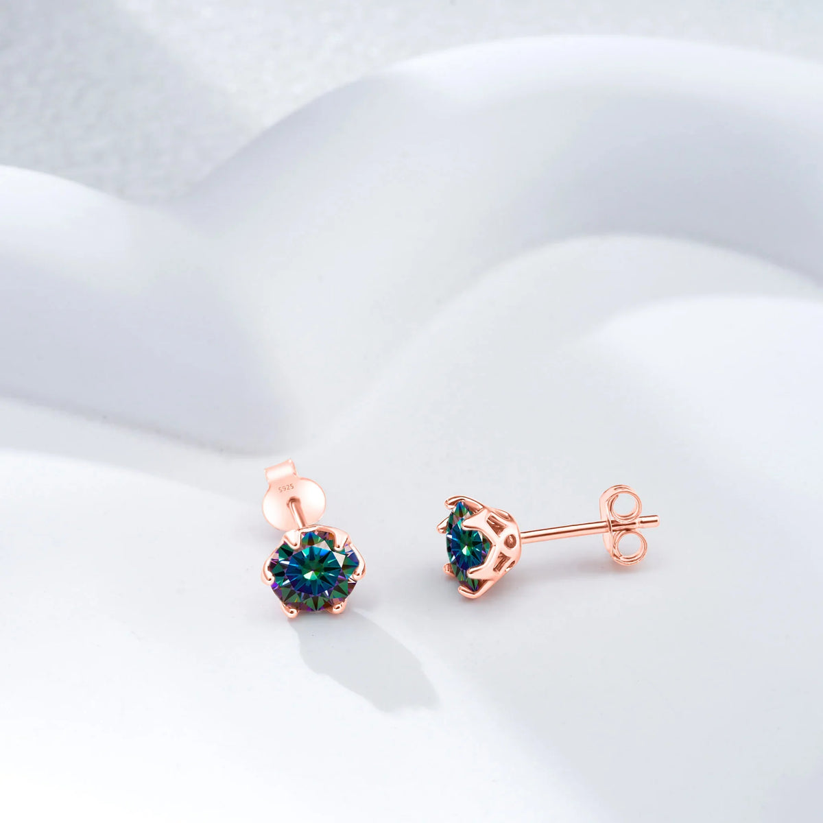 Colorful Moissanite Stud Earrings in Sterling Silver, Rose Gold-Tone Finish