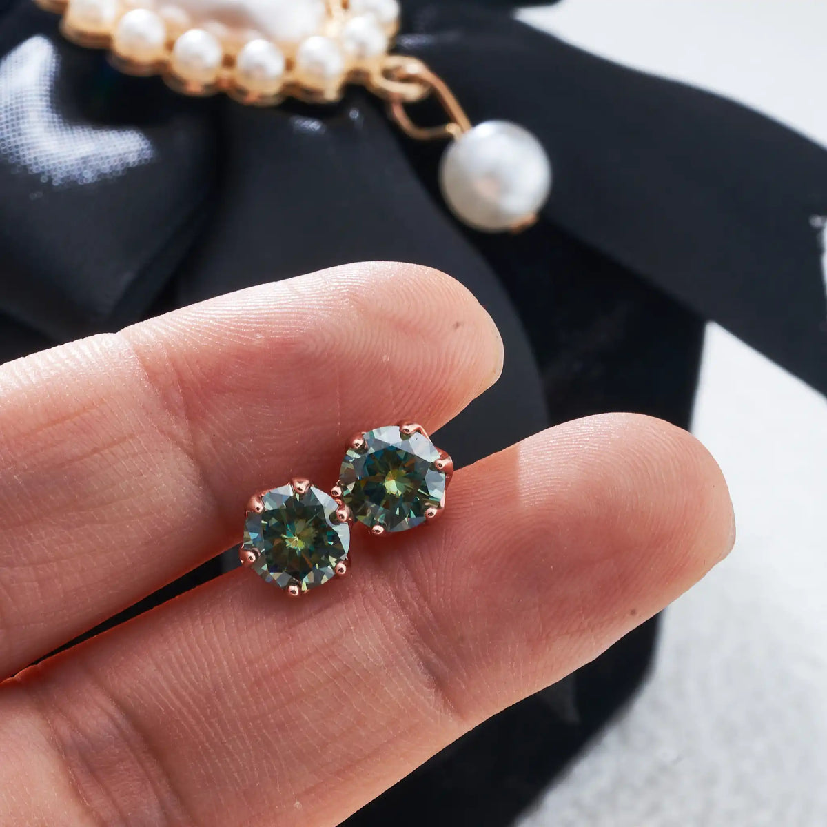 Colorful Moissanite Stud Earrings in Sterling Silver, Rose Gold-Tone Finish