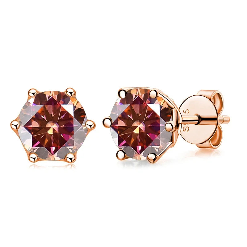 Rose Gold-Tone Colored Moissanite Six-Prong Stud Earrings