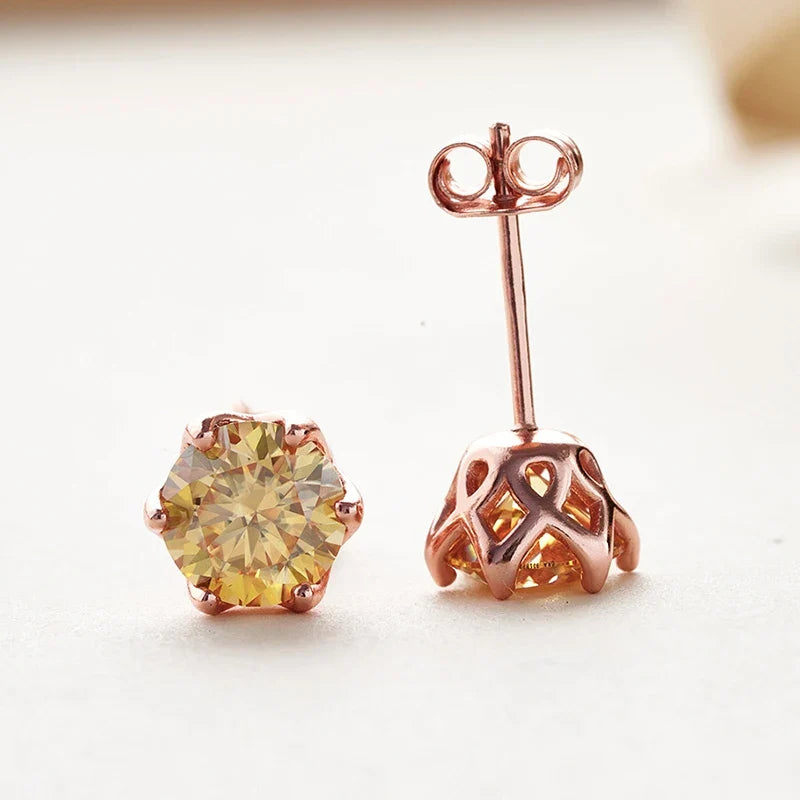Rose Gold-Tone Colored Moissanite Six-Prong Stud Earrings