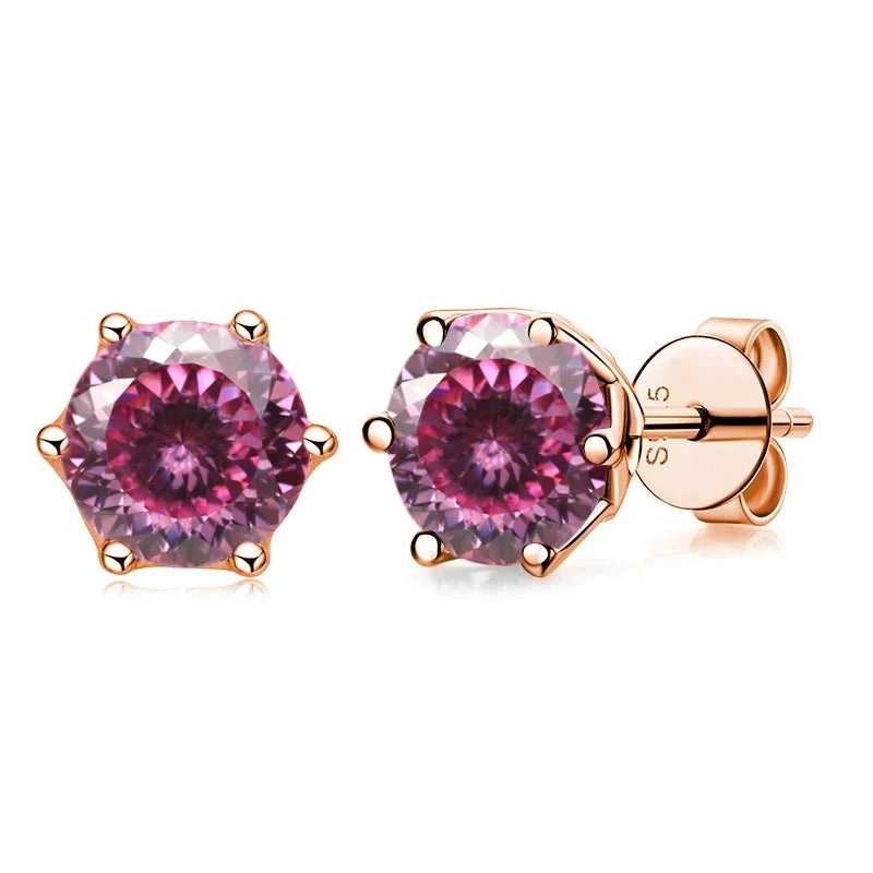 Rose Gold-Tone Colored Moissanite Six-Prong Stud Earrings