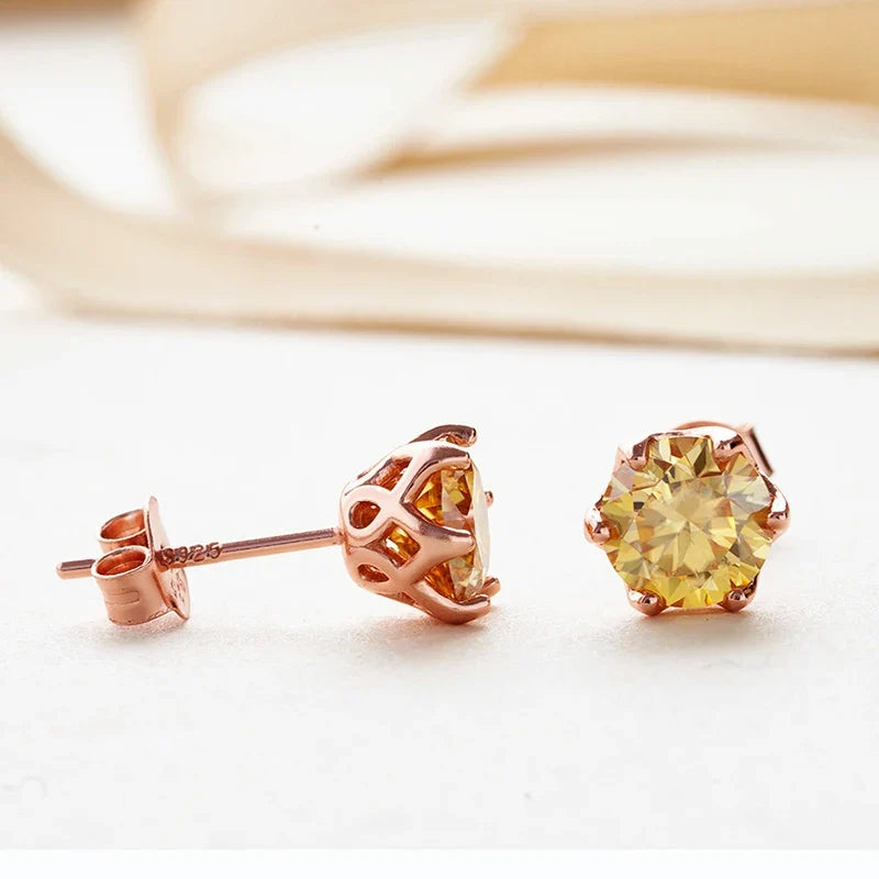 Rose Gold-Tone Colored Moissanite Six-Prong Stud Earrings