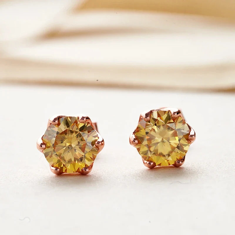 Rose Gold-Tone Colored Moissanite Six-Prong Stud Earrings