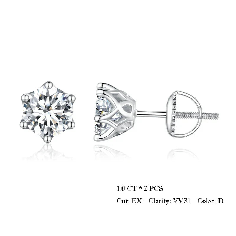 Moissanite Stud Earrings S925 Sterling Silver 6-Prong Round D Color 18K Bridal