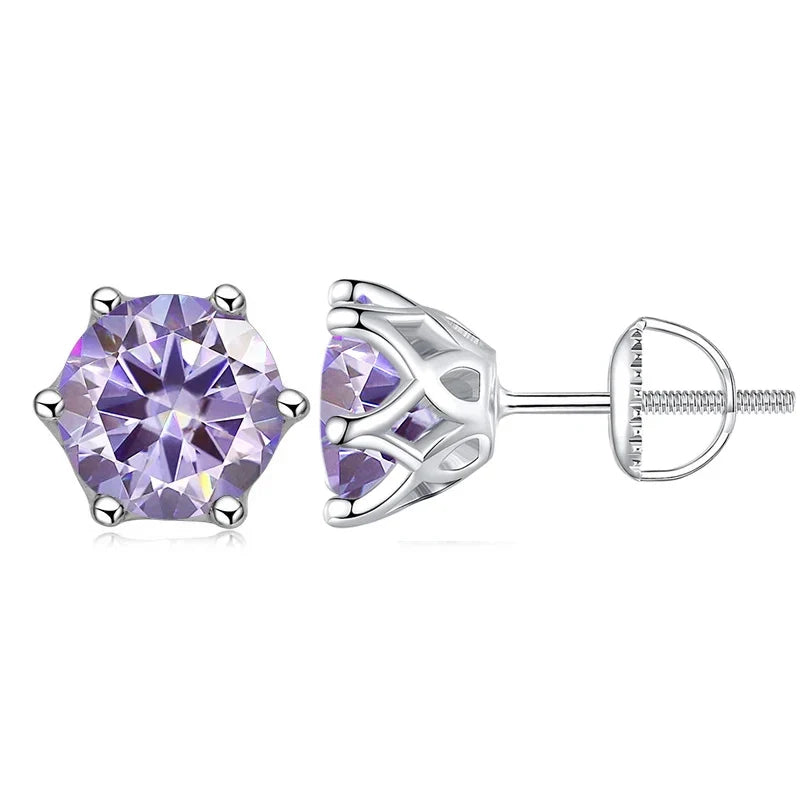 Colored Six-Prong Moissanite Screw-Back Stud Earrings