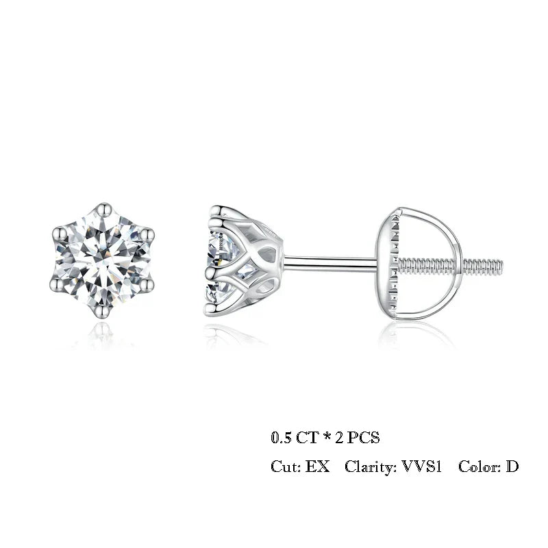 Moissanite Stud Earrings S925 Sterling Silver 6-Prong Round D Color 18K Bridal