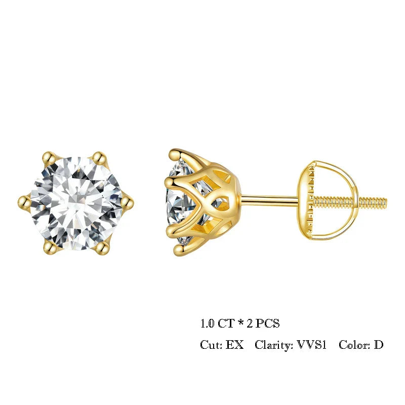 Moissanite Stud Earrings S925 Sterling Silver 6-Prong Round D Color 18K Bridal