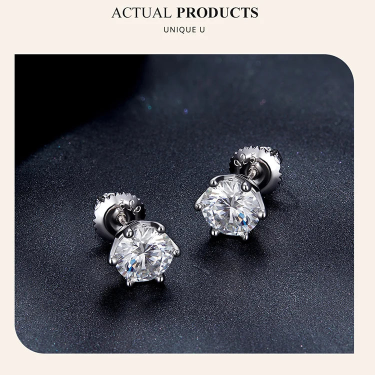 Moissanite Stud Earrings S925 Sterling Silver 6-Prong Round D Color 18K Bridal