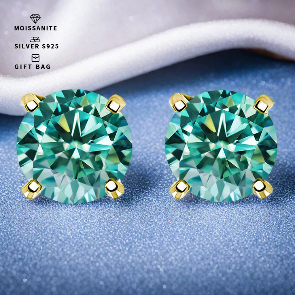 Cyan Round Moissanite Stud Earrings in Sterling Silver