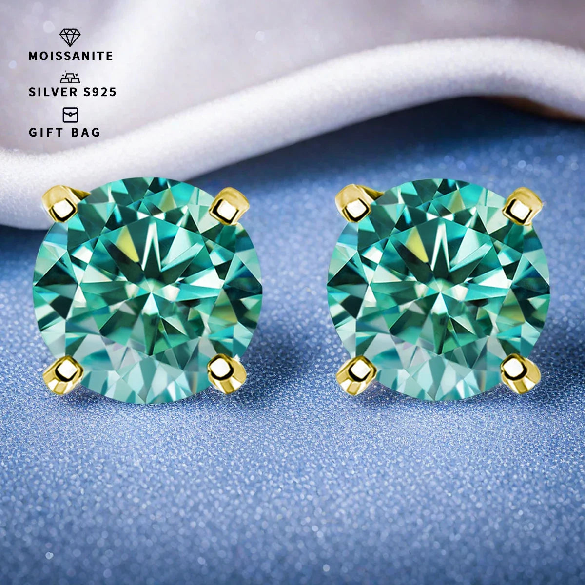 Cyan Round Moissanite Stud Earrings in Sterling Silver