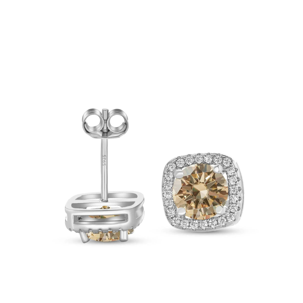 Colored Moissanite Cushion Halo Stud Earrings in Silver