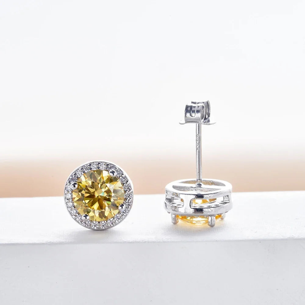 Colored Round Halo Moissanite Stud Earrings in Silver