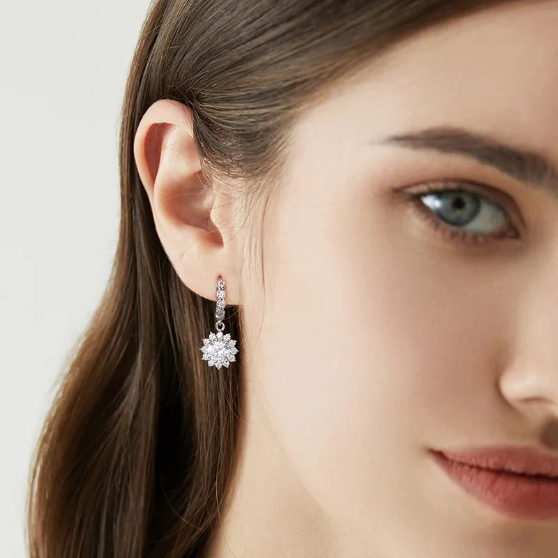 Sunflower Moissanite Drop Hoop Earrings in Sterling Silver