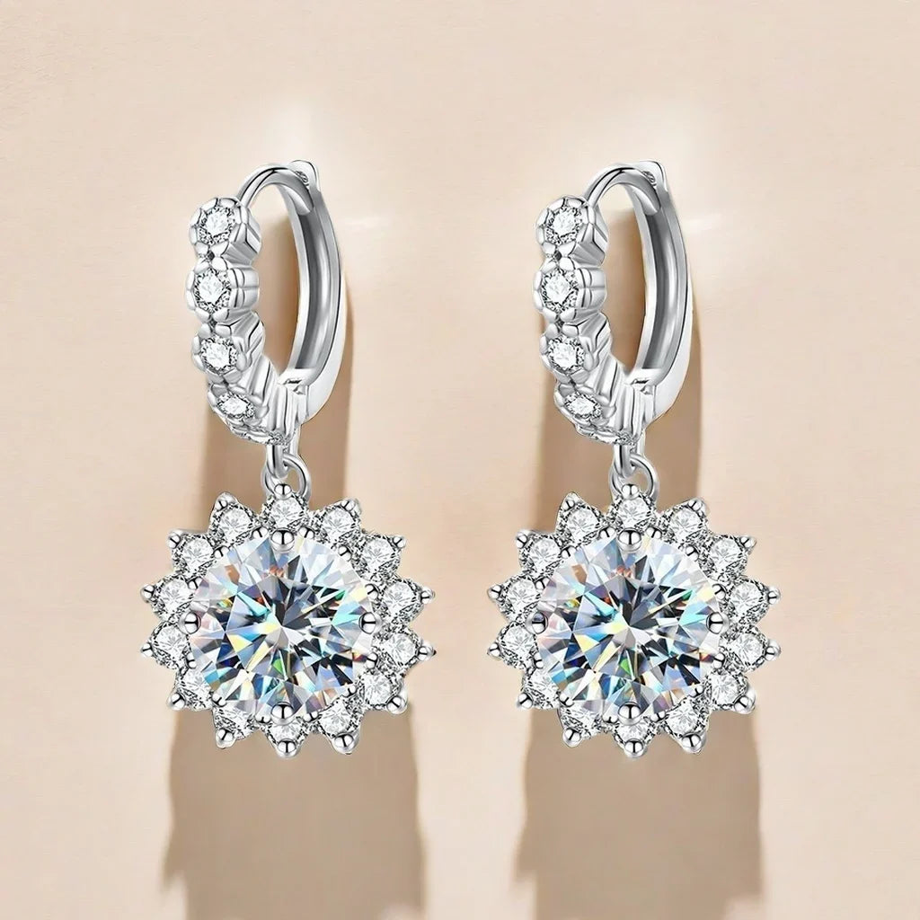 Sunflower Moissanite Drop Hoop Earrings in Sterling Silver