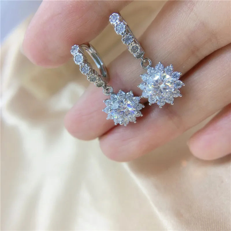 Sunflower Moissanite Drop Hoop Earrings in Sterling Silver