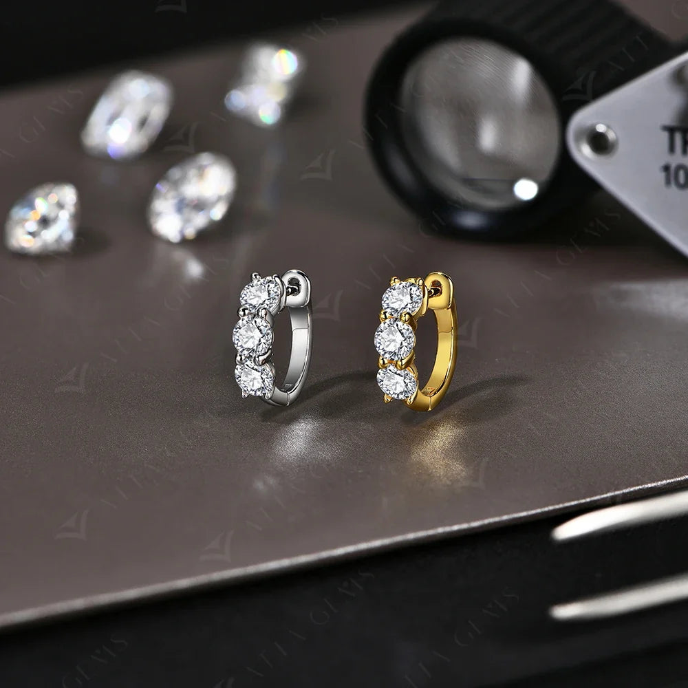 Graduated Three-Stone Moissanite Hoop Earrings in Sterling Silver