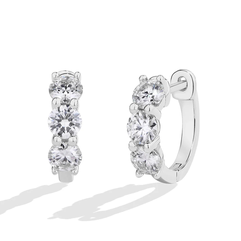 Graduated Three-Stone Moissanite Hoop Earrings in Sterling Silver