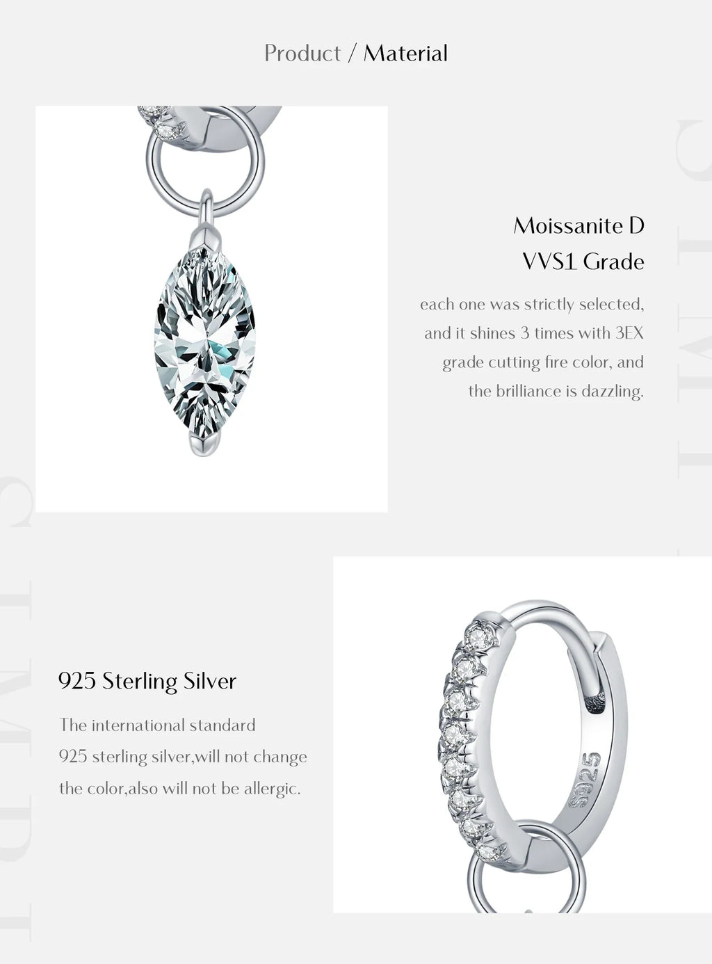 Marquise Moissanite Drop Hoop Earrings in Sterling Silver
