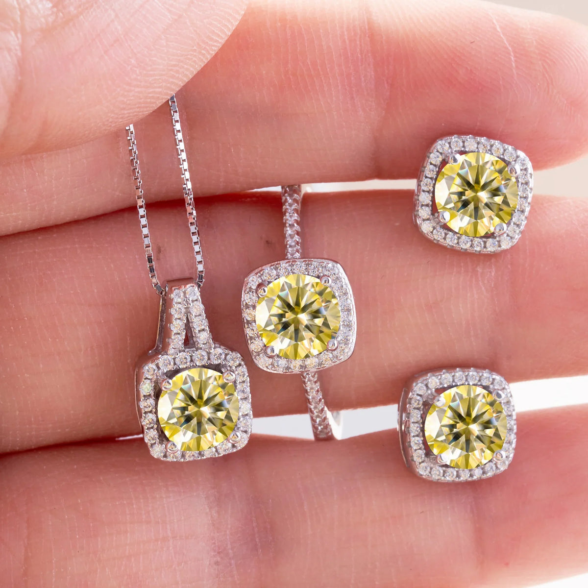 Cushion Halo Moissanite Ring, Stud Earrings & Necklace Set
