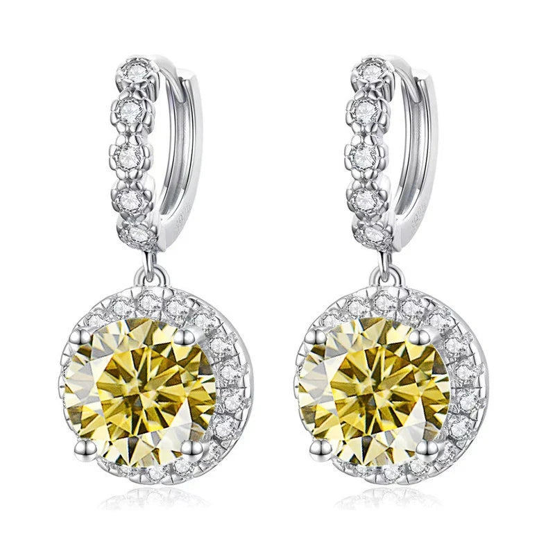 Colored Round Halo Moissanite Hoop Drop Earrings
