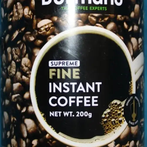 Dormans Fine Instant Coffee 200g by Dormans, displayed in a cylindrical metal coffee tin with prominent Dormans The Coffee Experts branding, roasted coffee bean design, white coffee cup illustration, Fine Instant Coffee label, 200g net weight, quality roasting badge, gold lower packaging band, silver metallic lid and base, and clean white background.